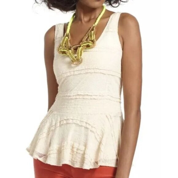Ganni‎ Shirt Women XS Ivory Lace Sleeveless Scoop Neck Peplum Top Boho - Picture 1 of 12